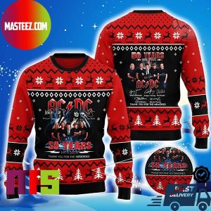 ACDC 50 Years Anniversary With Members Signatures For Holiday Ugly Christmas Sweater