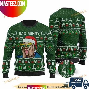 Bad Bunny Snowflakes And Deer Green Pattern Holiday Gift 2023 Ugly Sweater