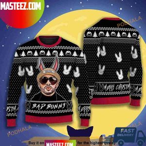 Black Bad Bunny Snowflakes And Pine Tree Pattern Merry Christmas 2023 Ugly Sweater Black Bad Bunny Snowflakes And Pine Tree Pattern Merry Christmas 2023 Ugly Sweater