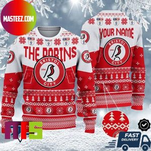 Bristol City FC EFL Logo Snowflakes Pattern Custom Name For Holiday Ugly Christmas Sweater