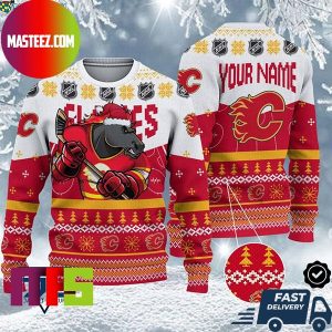 Calgary Flames Mascot NHL Personalized Name Unique Design For Holiday Ugly Christmas Sweater