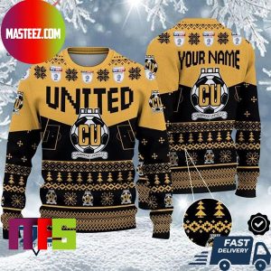 Cambridge United FC EFL Logo Snowflakes Pattern Custom Name For Holiday Ugly Christmas Sweater