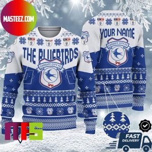 Cardiff City FC EFL Logo Snowflakes Pattern Custom Name For Holiday Ugly Christmas Sweater Cardiff City FC EFL Logo Snowflakes Pattern Custom Name For Holiday Ugly Christmas Sweater