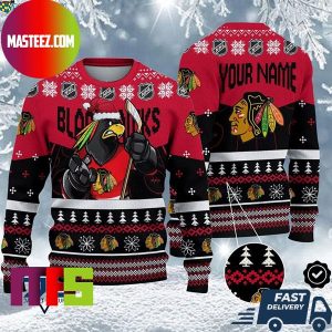 Chicago Blackhawks Mascot NHL Personalized Name Unique Design For Holiday Ugly Christmas Sweater