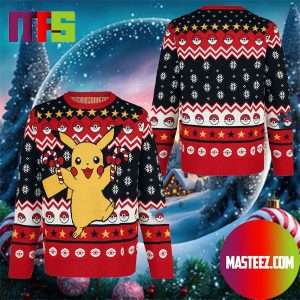 Cute Pikachu Holding Candy Cane Poke Ball Pattern Ugly Christmas Sweater