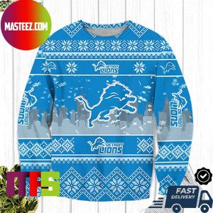 Detroit Lions Big Logo Snowflake Pattern Unique Design For Holiday Ugly Christmas Sweater