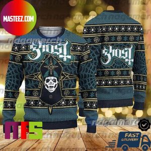 Ghost Band Papa Emeritus Blue And Black Best For Holiday Ugly Christmas Sweater