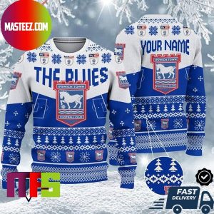 Ipswich Town FC EFL Logo Snowflakes Pattern Custom Name For Holiday Ugly Christmas Sweater Ipswich Town FC EFL Logo Snowflakes Pattern Custom Name For Holiday Ugly Christmas Sweater