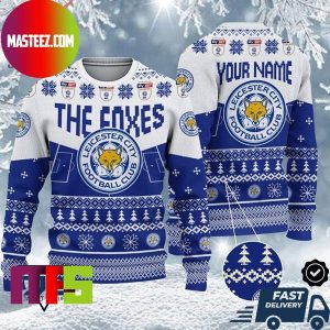 Leicester City FC EFL Logo Snowflakes Pattern Custom Name For Holiday Ugly Christmas Sweater