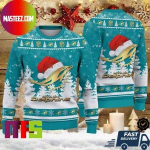 Miami Dolphins Christmas Hat Rams Logo Pattern For Holiday Ugly Christmas Sweater