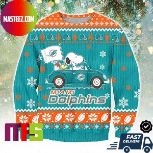 Miami Dolphins Snoopy Driving Car Snowflake Pattern Ugly Christmas Sweater