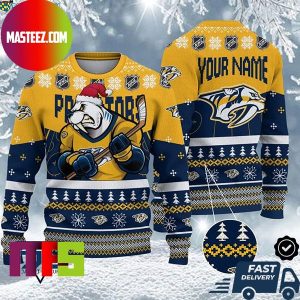 Nashville Predators Mascot NHL Personalized Name Unique Design For Holiday Ugly Christmas Sweater