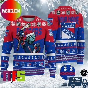 New York Rangers Mascot NHL Personalized Name Unique Design For Holiday Ugly Christmas Sweater