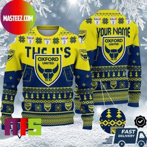 Oxford United FC EFL Logo Snowflakes Pattern Custom Name Ugly Christmas Sweater