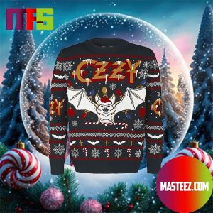 Ozzy Osbourne Bat Logo Christmas Hat Snowflake Candy Cane Pattern Holiday Ugly Christmas Sweater