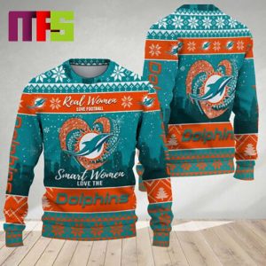 Real Women Love Football Smart Women Love The Miami Dolphins NFL For Holiday Christmas Ugly Sweater