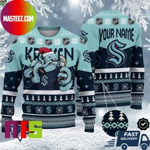 Seattle Kraken Mascot NHL Personalized Name Unique Design For Holiday Ugly Christmas Sweater