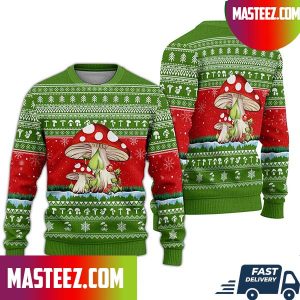 Unifinz Mushroom Ugly Sweater Mushroom Christmas Snowflakes Pattern Green Sweater