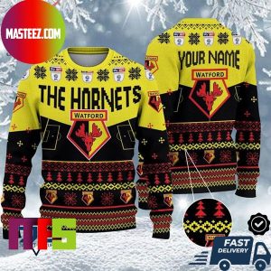 Watford FC EFL Logo Snowflakes Pattern Custom Name Ugly Christmas Sweater