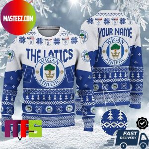 Wigan Athletic FC EFL Logo Snowflakes Pattern Custom Name Ugly Christmas Sweater