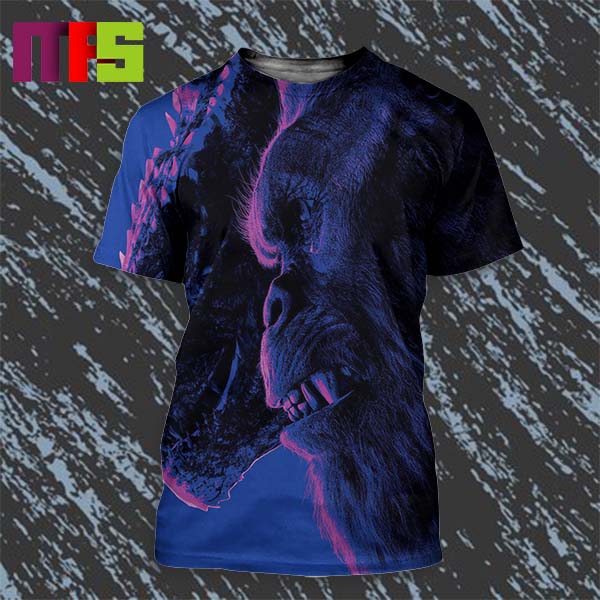 Godzilla x Kong The New Empire Has Moved Up To March 29th Godzilla And Kong Teaming Up In Purple Background All Over Print Shirt