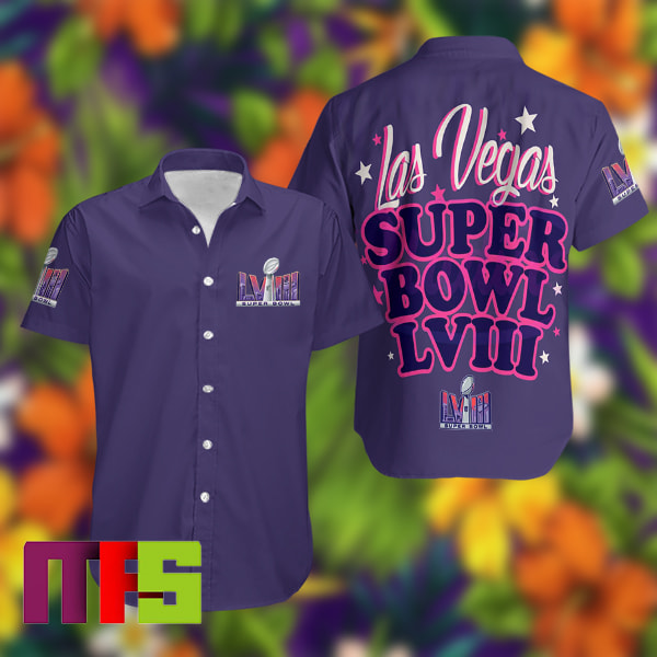 Las Vegas Super Bowl LVIII Logo With White Pink Star Cartoon Buttton Up Hawaiian Shirt