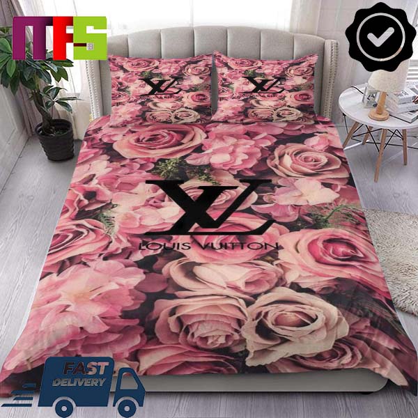 Louis Vuitton Black Logo Pattern With Pink Roses Background Home Decor Bedding Set