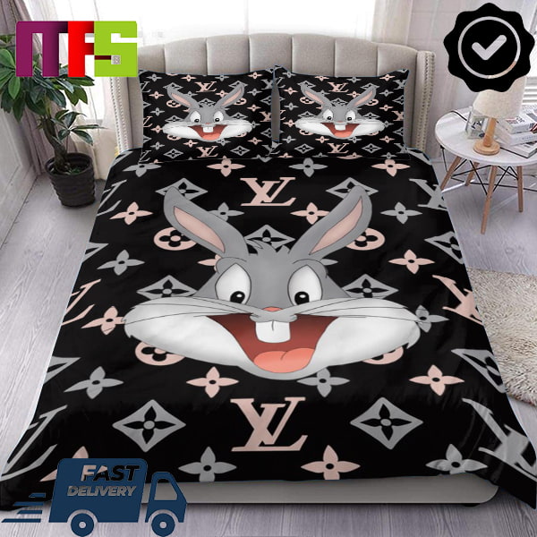 Louis Vuitton Bug Bunny With Pink And Gray Logo Pattern Luxury Bedding Set