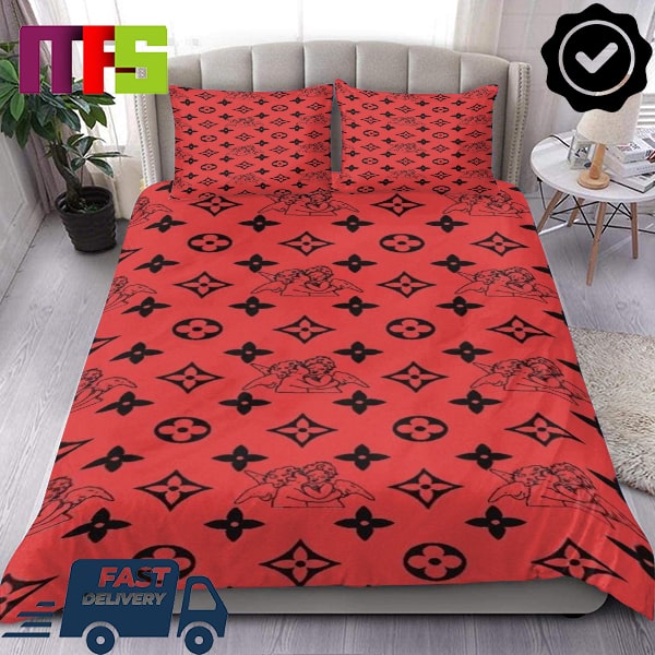Louis Vuitton Cupid Black Logo Pattern In Red Background Home Decor Bedding Set