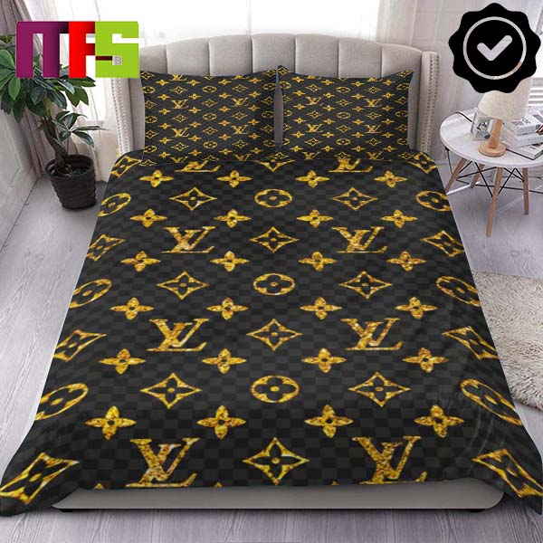 Louis Vuitton Golden Logo With Black And Grey Checkered Pattern Luxury Bedding Set