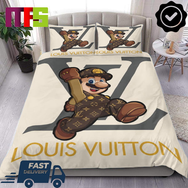 Louis Vuitton Yellow Super Mario Bros With Cream Background Luxury Bedding Set