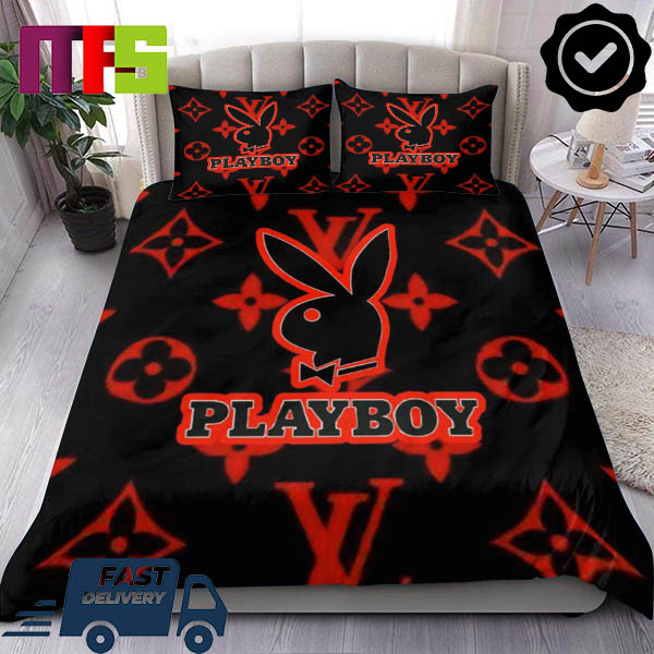 Louis Vuitton x Playboy Red Logo Pattern In Black Background Luxury Bedding Set