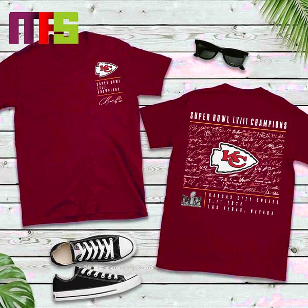 2024 Kansas City Chiefs Super Bowl LVIII Champions Team Roster Autograph Signatures Two Sided T-Shirt