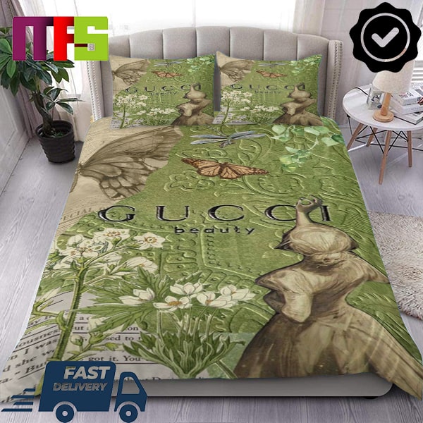 Gucci Beauty Butterfly And Flower In Green Background Home Decor Bedding Set