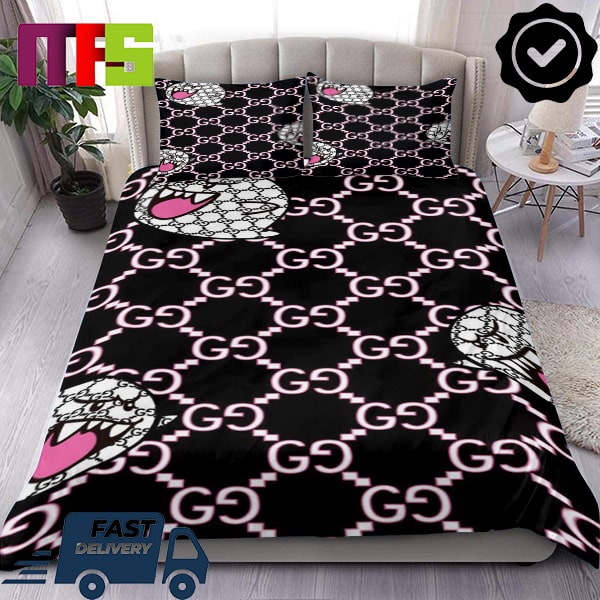 Gucci Cartoon Ghost Character With Pink Gucci Logo Home Decor Bedding Set