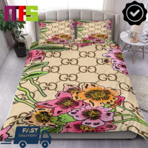 Gucci Colorful Hibiscus Flower In Gucci Guccissima Logo Background Home Decor Bedding Set Gucci Colorful Hibiscus Flower In Gucci Guccissima Logo Background Home Decor Bedding Set