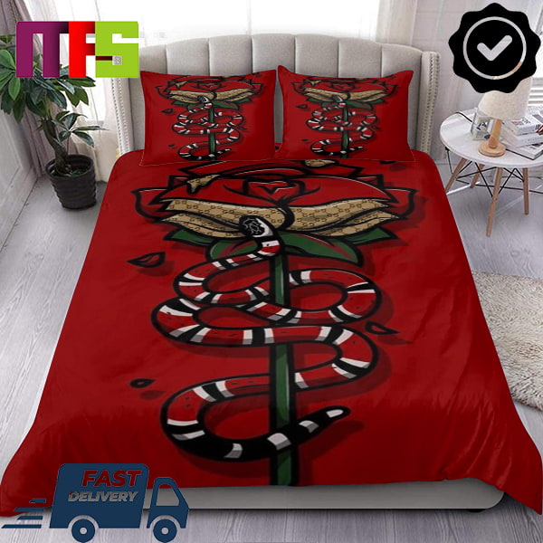 Gucci Kingsnake With Red Rose Gucci Logo Pattern In Red Background Luxury Bedding Set