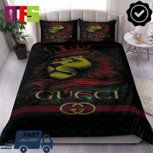 Gucci Lion King Crown GG Monogram Pattern In Black Background Luxury Bedding Set Gucci Lion King Crown GG Monogram Pattern In Black Background Luxury Bedding Set