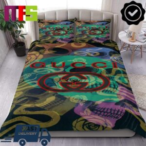 Gucci Logo Color Skulls Roses And Kingsnakes Luxury In Black Background Bedding Set