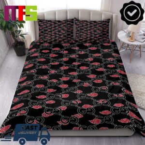 Gucci Monogram With Naruto Akatsuki Red Cloud Pattern Home Decor Bedding Set