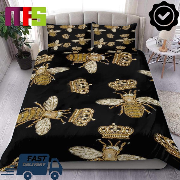Gucci Signature Golden Bee And Queen Crown Luxury Bedding Set