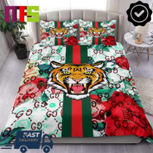 Gucci Tiger Red Roses Green And White Background Home Decor Bedding Set