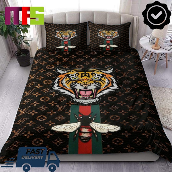 Gucci x Louis Vuitton Tiger Bee Signature Green And Red Pattern In Louis Vuitton Logo Background Bedding Set