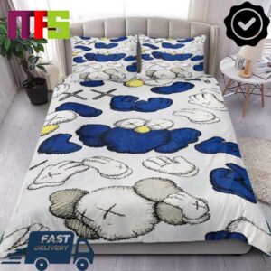 Kaws BFF Blue And Gray Characters Hands Clap Luxury White Queen Bedding Set