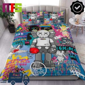 Kaws BFF Blue And Gray Characters Hands Clap Luxury White Queen Bedding Set