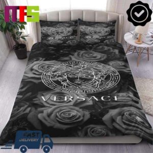 Versace Black And White Roses With Medusa Logo Home Decor Bedding Set Versace Black And White Roses With Medusa Logo Home Decor Bedding Set