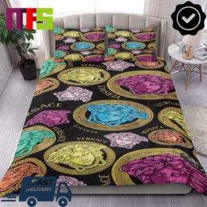 Versace Colorful Medusa Logo In Black Background Home Decor Bedding Set Versace Colorful Medusa Logo In Black Background Home Decor Bedding Set