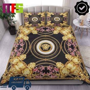 Versace Golden Lions Bells Logo With Pink Flowers Luxury Bedding Set Versace Golden Lions Bells Logo With Pink Flowers Luxury Bedding Set