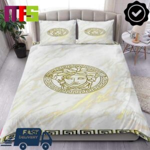 Versace Golden Medusa Big Logo White Marble Pattern Home Decor Bedding Set