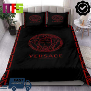 Versace Red Big Logo Greek Design Black Home Decor Bedding Set